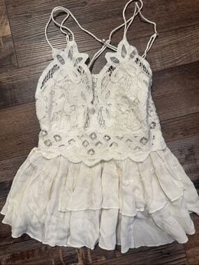 White Lace Crochet Tank with Ruffled Skirt FP one size S